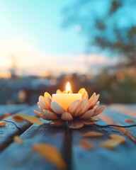 Poster - Whimsical Evening in Autumn Enchanting Flower-Shaped Candleholder with Glowing Candle on Rustic Wooden Table
