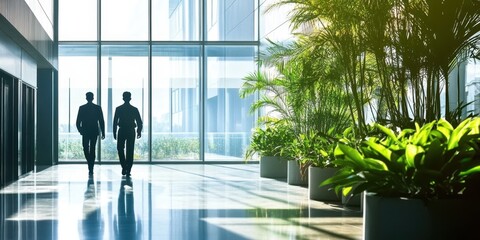 A modern office lobby, silhouettes of two people walking, large windows with outdoor greenery blending into indoor potted plants, dramatic lighting and shadows, architectural details with geometric sh