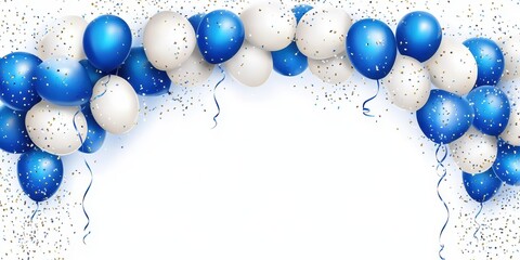 Wall Mural - Balloon arch, festive balloons, blue and white color scheme, metallic confetti, curling ribbons, celebration background