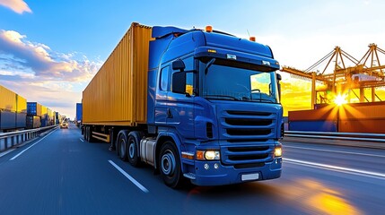 A vibrant blue truck transports a large yellow container on a road, set against a sunset backdrop with a bustling port in view.