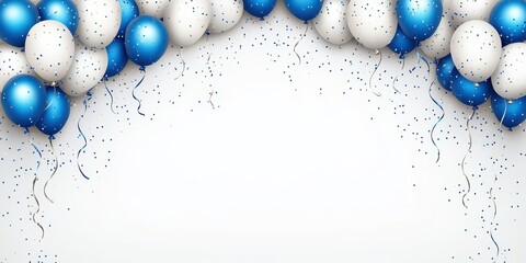 Wall Mural - Intricate balloon arch, blue and white balloons, party decoration, shiny metallic streamers, confetti scattered on floor, festive event backdrop, elegant design
