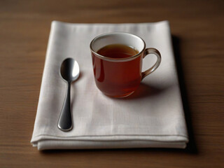 Glass cup of tea and a spoon on a piece of fabric cloth on a wooden table, restaurant and cafe photography