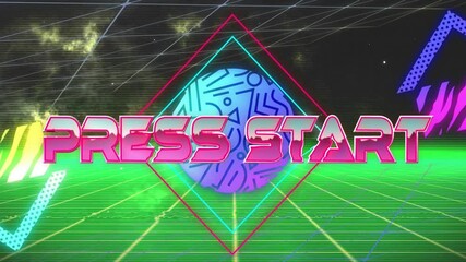 Poster - Animation of press start text and colourful shapes over neon shapes