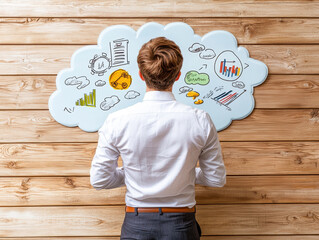 Poster - A business professional analyzes growth strategies and data visualizations on a creative cloud whiteboard.
