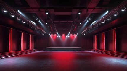 red concert stage with spotlights dramatic lighting empty no people