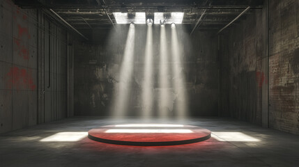 concert with red stage with spotlights dramatic lighting empty no people smoky