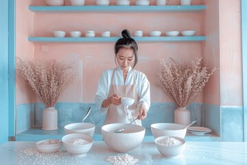 Young Southeast Asian Female Teacher Preparing Breakfast in Cozy Kitchen with Natural Morning Light