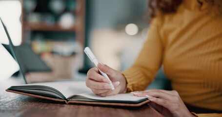 Canvas Print - Remote work, writing and hands of business woman for planning, reminder and research notes. Professional, working from home and person with notebook and laptop for online course, webinar and learning