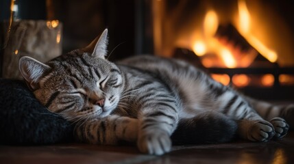 Wall Mural - A sleeping cat relaxes by a cozy fireplace in a warm, inviting setting.