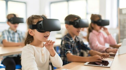 Aufkleber - Middle School Students Engaged in Virtual Reality Learning with Tablets in Bright Modern Classroom, Daytime