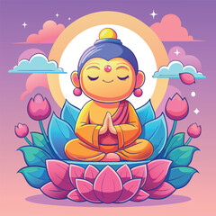 Poster - A cartoon of a Buddha boy sitting on a lotus flower. The boy is smiling and he is in a peaceful and calm state