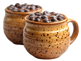 two mugs with chocolate and beans on white background.