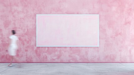 Poster - Indoor Blank Poster Mockup on Soft Pink Plaster Wall with Motion Blur Passersby in Minimalist Setting