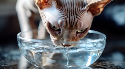 Wall Mural - A Sphynx cat drinks water from a clear bowl, showcasing its unique features and curiosity.