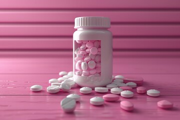 Wall Mural - Container filled with pink and white pills on a pink wooden surface during bright midday light