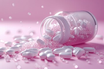 Wall Mural - Pill bottle spills white tablets and colorful beads on pink background, creating a vibrant and dynamic visual display of medications