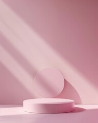 Poster - Soft Pink Minimalist Mockup with Circular Podium on Pastel Background, Featuring Gentle Shadows and Diffused Light