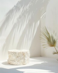 Canvas Print - Minimalistic Monochrome Textured Stone Podium & Pastel Teal Windows Against Soft White Background