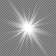 © Slava - White beautiful light explodes with a transparent explosion. Vector, bright illustration for perfect effect with sparkles. Bright Star. Transparent shine of the gloss gradient, bright flash.