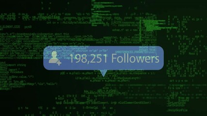 Poster - Animation of followers text and icon over digital data processing on dark background