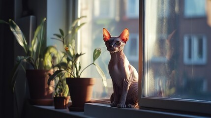 Sticker - A Sphynx cat sitting on a windowsill surrounded by potted plants in soft sunlight.