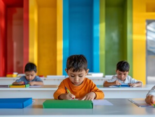 Poster - Elementary School Children Collaborating on Projects in Colorful Classroom - Bright Daytime Learning Environment with Excited, Diverse Kids