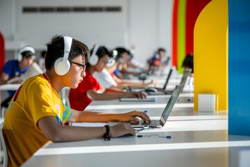 Aufkleber - Male College Students of Various Ethnicities Engaged in an Online Learning Session with Laptops and Headphones, in a Bright, Modern Classroom, Capturing Flexibility and Modern Education