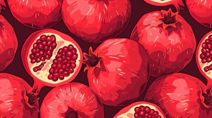 Pomegranate fruit. Fresh ripe pomegranate. Whole and half pomegranate fruits with seeds. Vibrant red and juicy. Vector illustration.