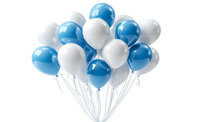 a bunch of blue and white balloonson a white background.