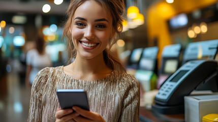 Poster - Cheerful Young Woman Using Smartphone for Digital Payment in Modern Retail Store, Smiling and Embracing Technology, Cashless Transactions, Digital Lifestyle, Convenience and Innovation in Shopping