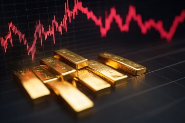 Close-up of gold bars with a fluctuating red market graph in the background, symbolizing investment opportunities and risks.