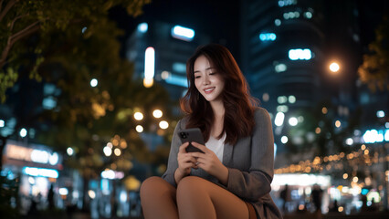 Asian woman sitting on the ground in an urban setting at night, using mobile phone and smiling. She is wearing business casual attire with long sleeves and short skirt.