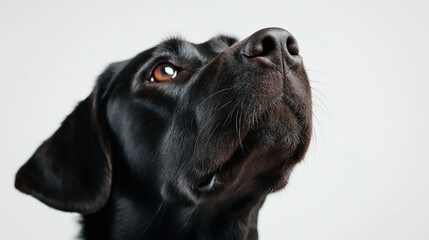 Poster - Close-up shot of a black Labrador Retriever dog looking upwards. The image focuses on the dog's face, highlighting its nose, fur, and expressive eyes against a neutral background.