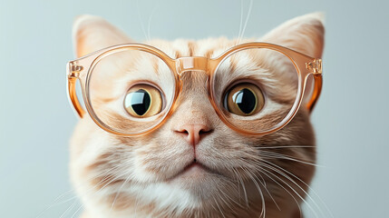 Poster - Close-up of a cute ginger cat wearing large round glasses, looking directly at the camera. The background is plain, focusing attention on the cat's expressive eyes and glasses.