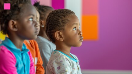 Poster - Diverse Elementary School Children Engaged in Group Learning Activity with Female Teacher in Vibrant Classroom, Morning, Happy and Focused