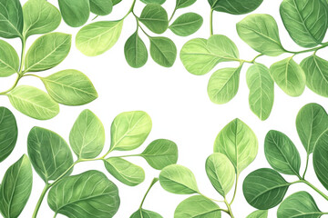 Watercolor illustration of moringa oleifera leaves forming a frame with copy space