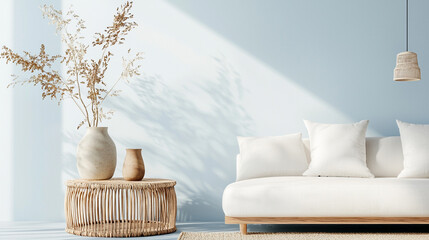 A living room with a white couch and a wooden coffee table