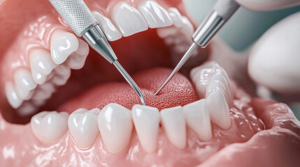 Close-up view of dental tools working on teeth and gums inside an open mouth, focusing on oral hygiene, dental care, and professional dentistry practices.