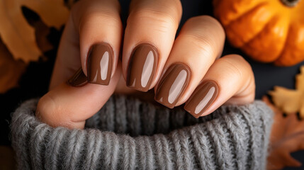 Wall Mural - Close-up of a hand with glossy brown manicured nails wearing a gray knitted sweater, with autumn leaves and a small pumpkin in the background.