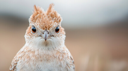 A bird with a big head and a small body is standing in front of a background