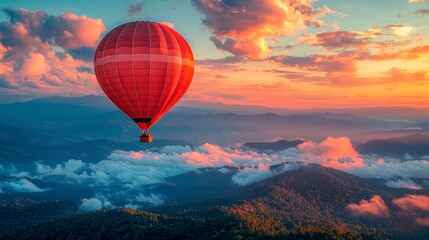 Colorful balloons hovering over the mountains at dawn, against a background of blue sky and greenery