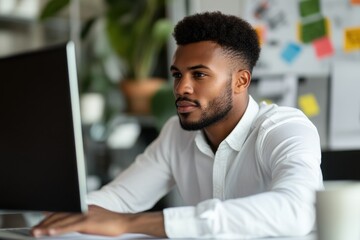 focused young man working on a computer in a modern office environment with plants and colorful note