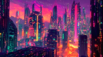 Cyberpunk Cityscape with Neon Lights and Skyscrapers at Night