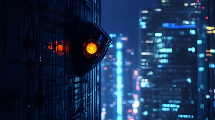 Poster - Futuristic Cityscape with Glowing Eye Surveillance Camera