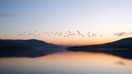 Wall Mural - A flock of birds flying in formation over a peaceful lake at dusk, with the last light of the day reflecting off the water