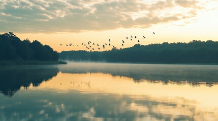 Wall Mural - A flock of birds flying in formation over a peaceful lake at dusk, with the last light of the day reflecting off the water