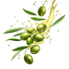 Wall Mural - Realistic olives and oil splash drops, vector green olive fruits. Stream of olive oil splashes for packaging bottled products, cooking or salad, splashes of green olive oil in macro close-up. 