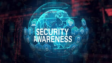 Poster - animation of security awareness text over globe with icons and connections on black background