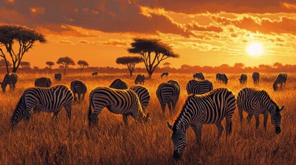 Wall Mural - A herd of wild zebras grazing on the African savanna at sunset, with acacia trees in the background