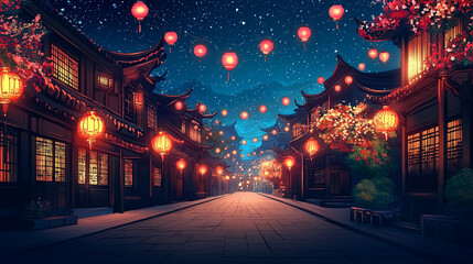 A street with lanterns hanging from the buildings